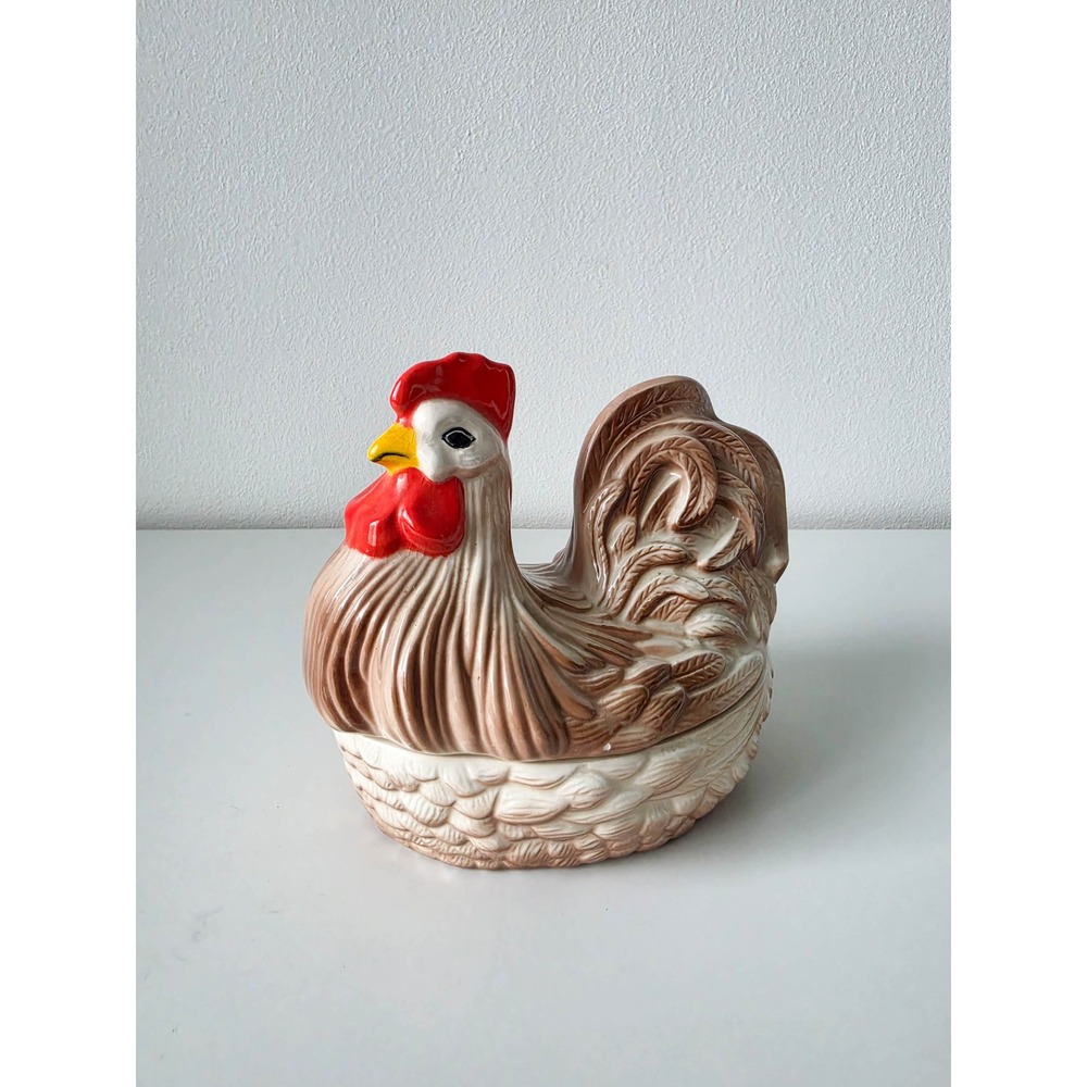 Vintage Ceramic Hen on Nest Lidded Dish Farmhouse Rooster Figurine Brown Cream